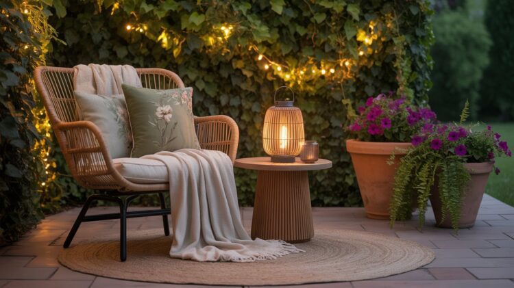 Transform your patio into a warm retreat with cozy wicker seating, soft blankets, glowing lanterns, and lush greenery—all brought together under charming string lights for an inviting outdoor escape.
