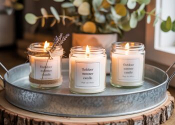 Three handmade citronella candles, labeled Outdoor summer candle, are displayed on a rustic metal tray—an inviting setup ideal for farmers markets. Set against a backdrop of greenery and natural light, they promise both charm and functionality for al fresco evenings.