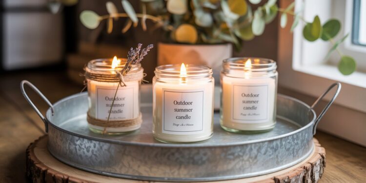 Three handmade citronella candles, labeled Outdoor summer candle, are displayed on a rustic metal tray—an inviting setup ideal for farmers markets. Set against a backdrop of greenery and natural light, they promise both charm and functionality for al fresco evenings.