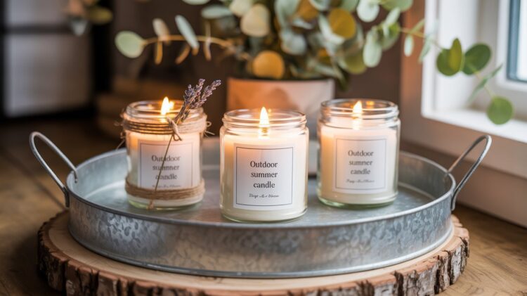Three handmade citronella candles, labeled Outdoor summer candle, are displayed on a rustic metal tray—an inviting setup ideal for farmers markets. Set against a backdrop of greenery and natural light, they promise both charm and functionality for al fresco evenings.