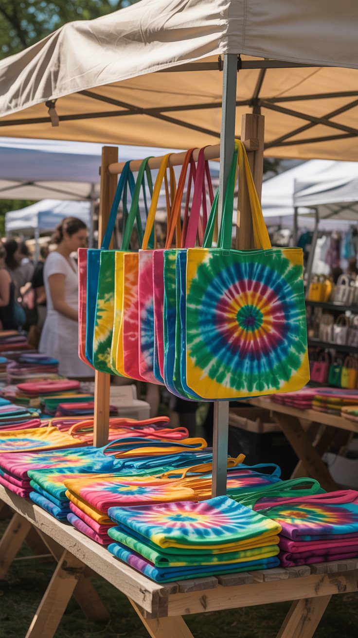 A vibrant tote bag market features tie-dye bags arranged on tables and racks, with shoppers browsing beneath bright canopies outdoors.