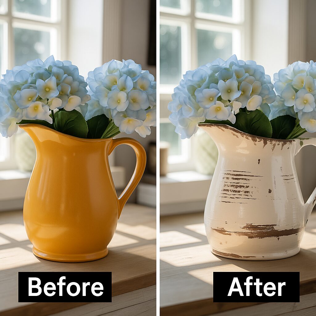 Watch as artificial white flowers in a Before and After Vase shift from yellow to distressed white for cozy farmhouse decor ideas.