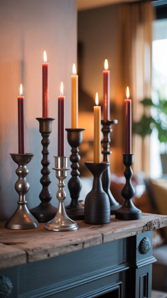 Cozy Candle Mantel Decor Ideas: Colorful Candlesticks and Holders for Warm, Inviting Home Atmosphere.