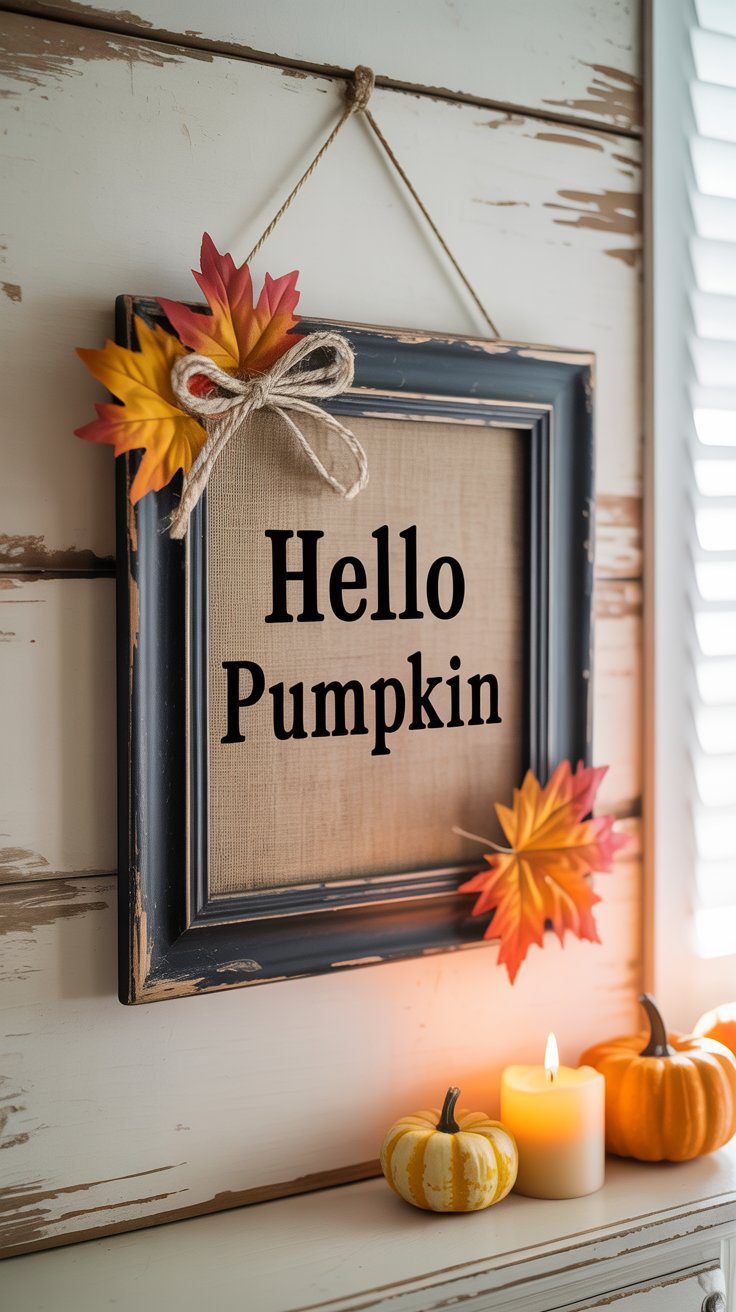 A charming Hello Pumpkin sign, surrounded by thrifted autumn decor, glowing candles, and small pumpkins, creates a cozy and inviting fall atmosphere—perfect inspiration for your next autumn project.