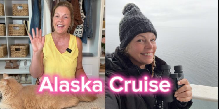 A woman transitions from cozy days at home with her cat to adventurous exploration on an Alaskan cruise, illustrating the excitement of stepping out of everyday comfort zones to embark on a seven-day voyage.