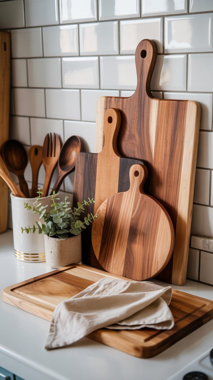 A stylish kitchen counter boasts stacked cutting boards, a leafy plant, and rustic utensils set before gleaming white subway tiles.