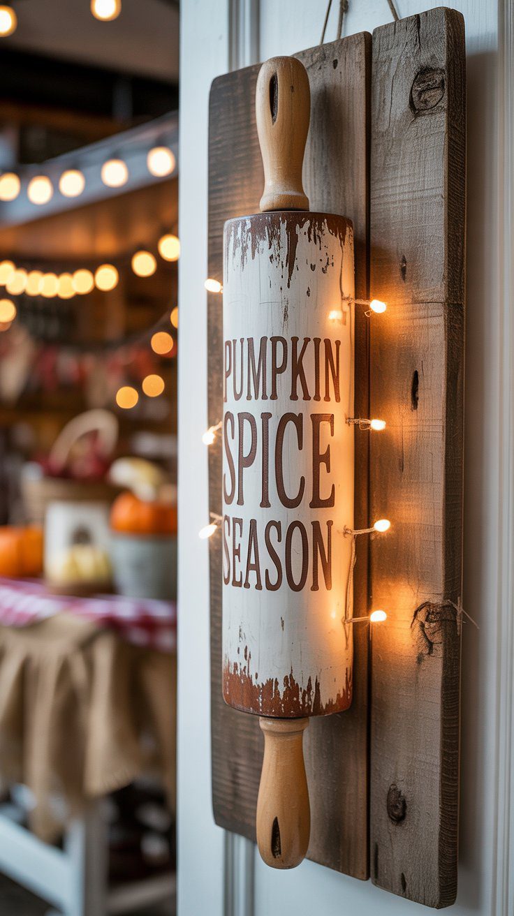 Pumpkin Spice Season Rustic Kitchen Decor: DIY Rolling Pin Sign with Cozy Fall Touches and String Lights for Autumn Homes.