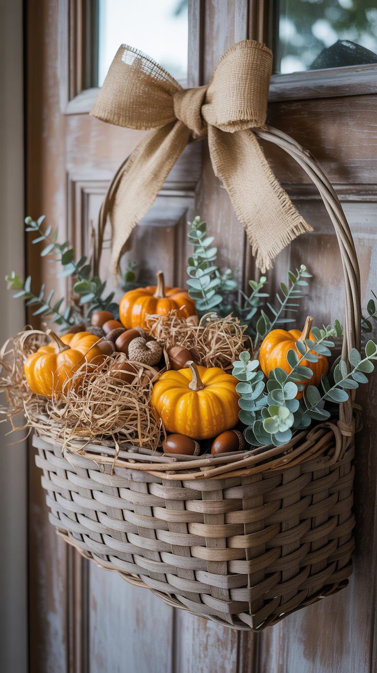 DIY Autumn Door Basket: Pumpkin, Acorn & Greenery Wreath Alternative for Festive Fall Front Porch Decor Ideas.