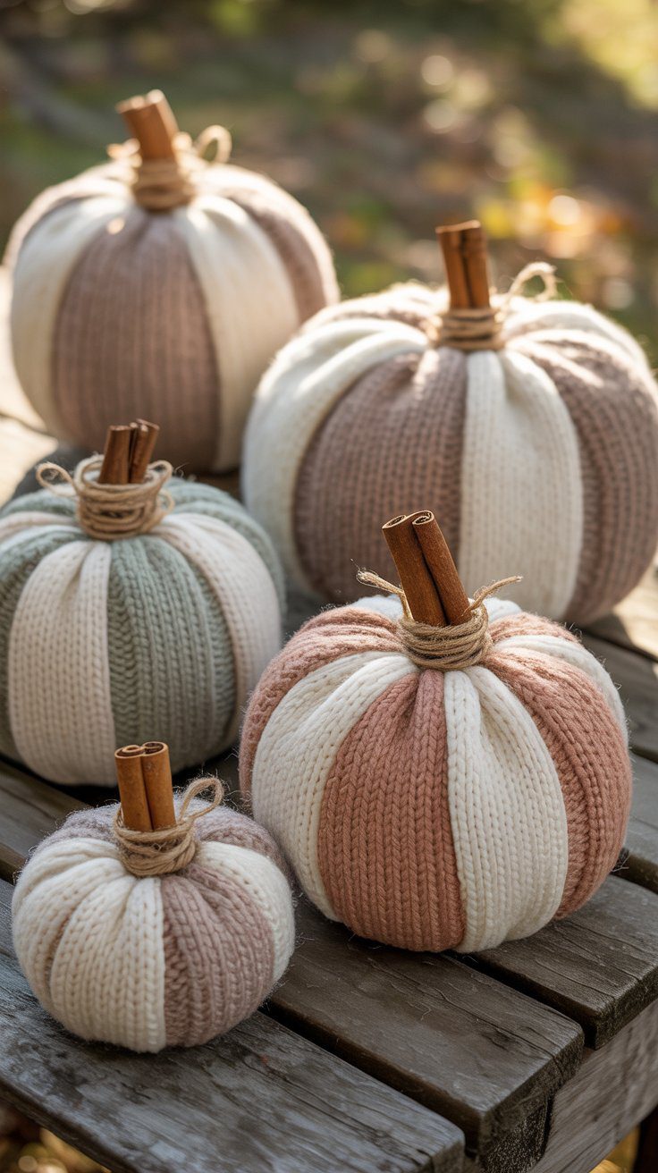 DIY Pastel Yarn Pumpkins with Cinnamon Stems – Cozy Fall Home Decor Ideas for Pinterest and Seasonal Craft Inspiration.