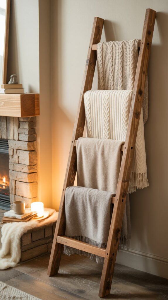 A cozy farmhouse scene: a blanket ladder with soft throws, candlelight, crackling fireplace, and a mug on the side table.