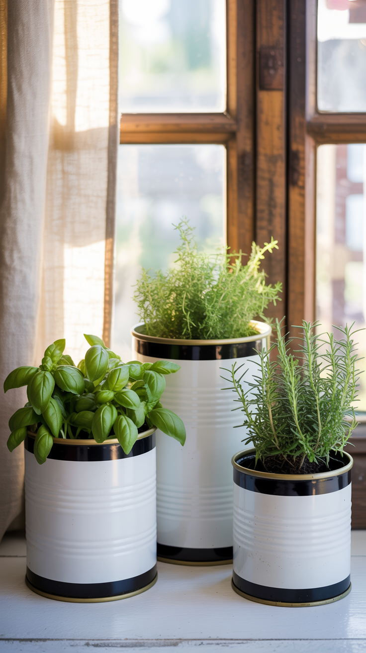 Sunlit basil, thyme, and rosemary thrive in white metal planters with black rims on a windowsill—charming farmhouse decor inspo.