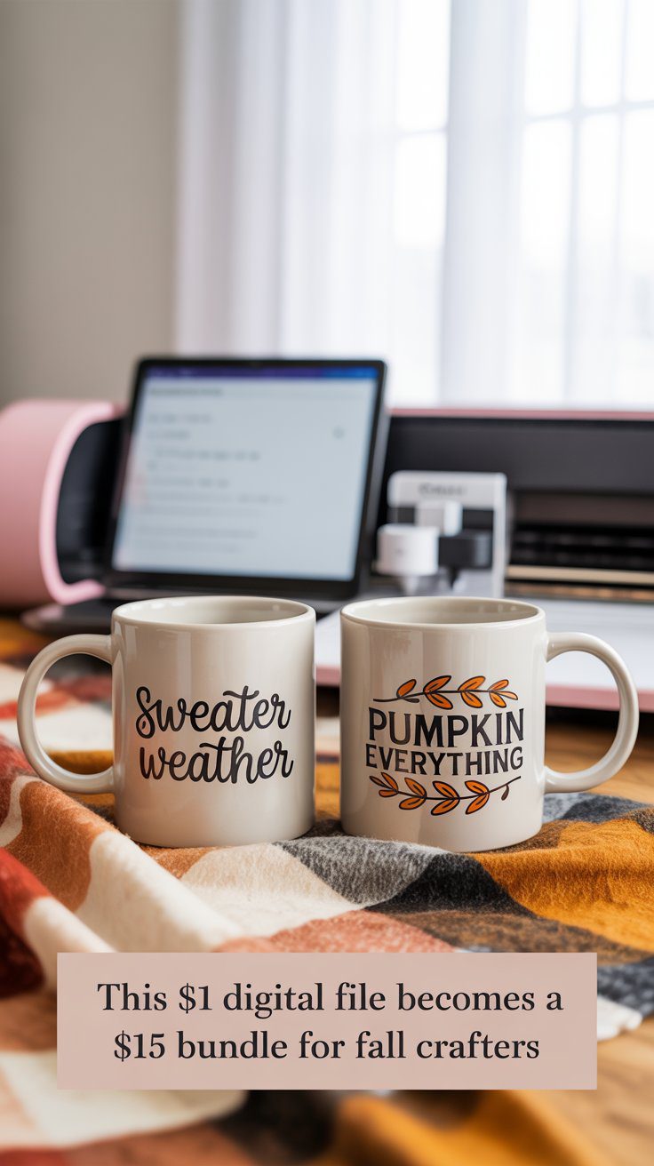 Digital products sell while you sleep — and fall is prime time for cozy mug graphics, seasonal sayings, and DIY crafter content. Mug wraps (sized for 11 oz or 15 oz mugs) and SVGs with fall quotes like “Sweater Weather,” “Pumpkin Everything,” or “Spice Girl” are in high demand for Cricut and sublimation users.