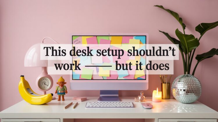 A playful pastel desk features a sticky-note-clad pink monitor and an eclectic mix of gadgets—from a banana phone to a disco ball—proving that unconventional setups can spark surprising productivity.