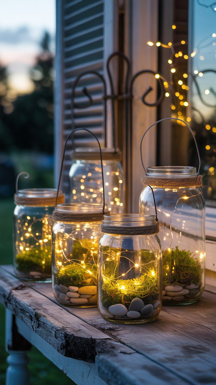 Mason jars filled with fairy lights, moss, and pebbles glow warmly on a wooden table at dusk—perfect for DIY farmhouse décor.