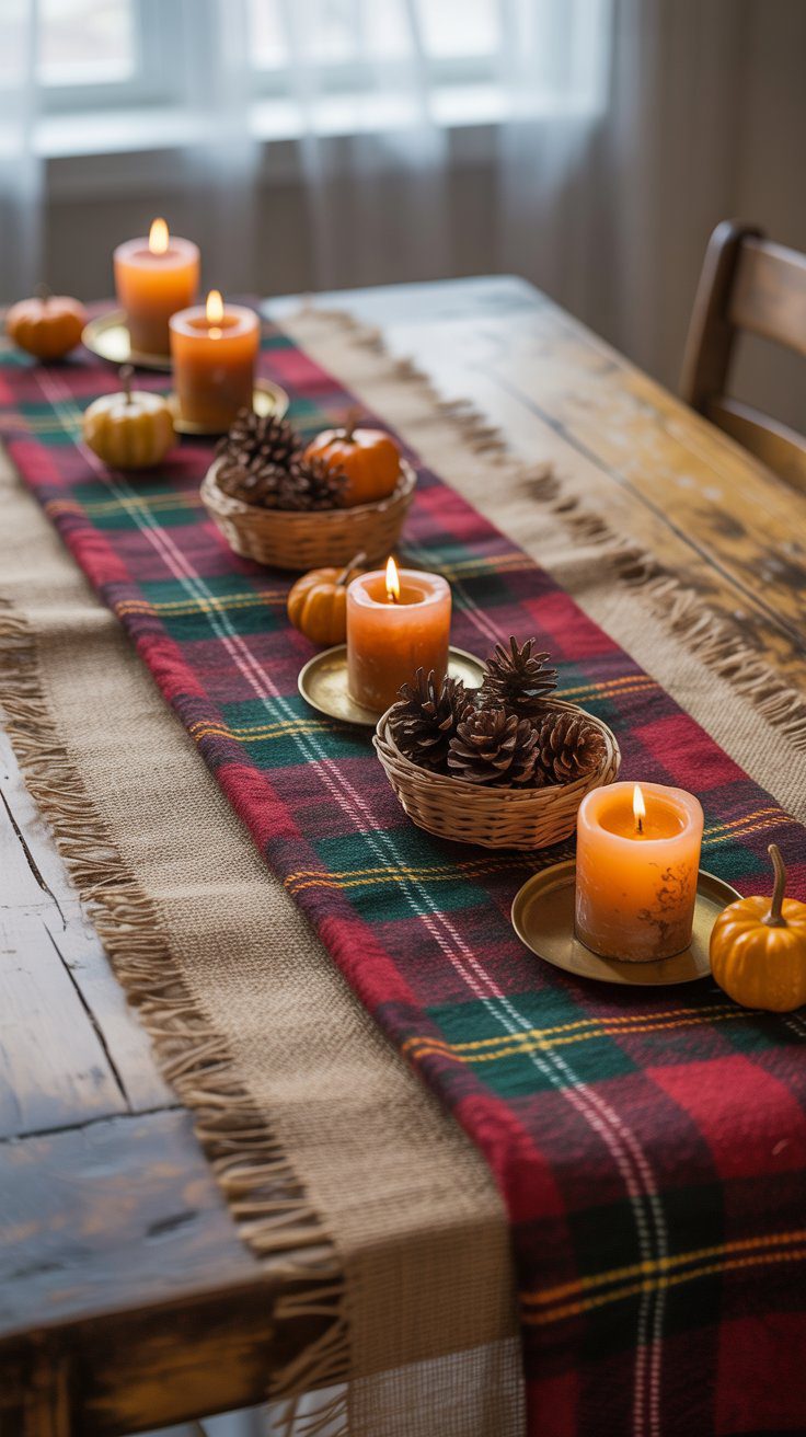 Cozy Rustic Thanksgiving Table Decor with Plaid Runner, Mini Pumpkins, Pinecones & Candle Centerpiece Ideas for Fall.
