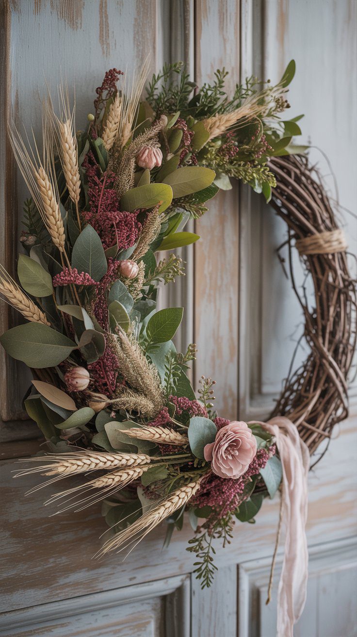 Rustic Twig Wreath with Pink Roses, Wheat & Burgundy Accents for Fall Door Decor – DIY Floral Wreath Ideas.