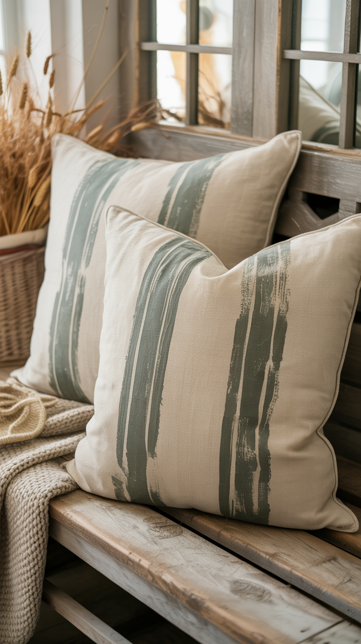 Beige pillows with subtle green-grey stripes rest on a wooden bench, paired with a knit throw and dried wheat for rustic charm.