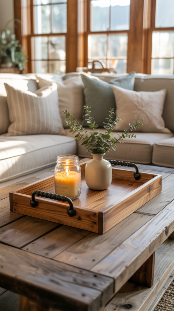 A rustic coffee table displays a candle jar and greenery on a farmhouse tray, creating cozy, sun-filled decor perfect for Pinterest.