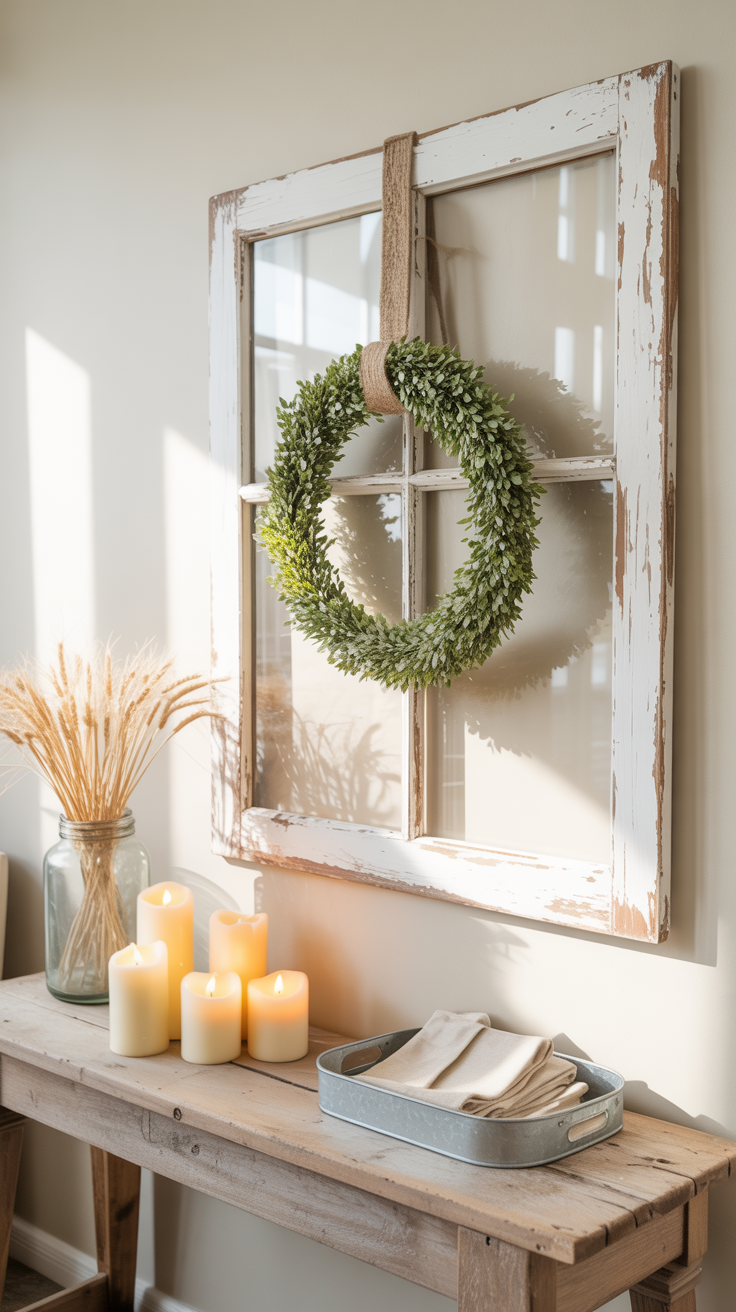 A sunlit farmhouse window with a green wreath frames a table adorned with candles, wheat, and napkins—cozy DIY inspiration.