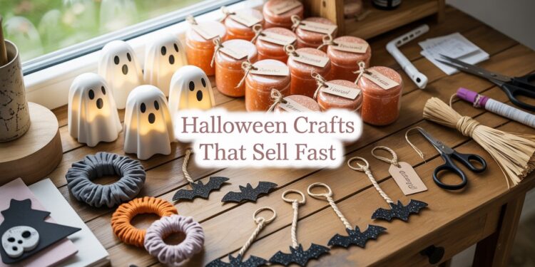 A festive wooden table showcases creative Halloween crafts—like ghost lights, bat keychains, scrunchies, and DIY jars—alongside crafting supplies, all beneath the headline “Halloween Crafts That Sell Fast.” This eye-catching display highlights popular, easy-to-make projects perfect for seasonal sales.