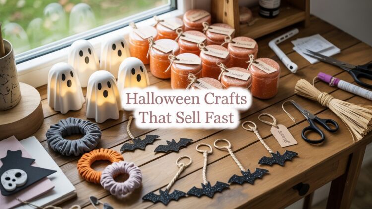 A festive wooden table showcases creative Halloween crafts—like ghost lights, bat keychains, scrunchies, and DIY jars—alongside crafting supplies, all beneath the headline “Halloween Crafts That Sell Fast.” This eye-catching display highlights popular, easy-to-make projects perfect for seasonal sales.