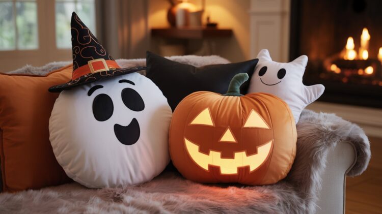 A cozy living room decked out for Halloween, featuring plush fall accents, playful ghost and pumpkin pillows—including one in a witch hat—and a glowing jack-o’-lantern pillow by the fireplace.
