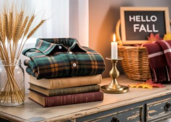 A warm and inviting autumn tableau—plaid shirts, stacked books, a glowing candle, and wheat stalks in a mason jar—offers creative inspiration for seasonal DIY projects with charming thrifted treasures.