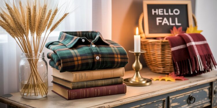 A warm and inviting autumn tableau—plaid shirts, stacked books, a glowing candle, and wheat stalks in a mason jar—offers creative inspiration for seasonal DIY projects with charming thrifted treasures.