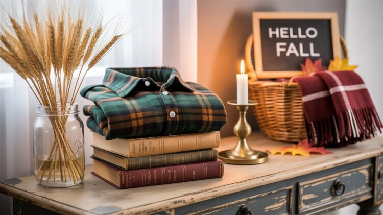 A warm and inviting autumn tableau—plaid shirts, stacked books, a glowing candle, and wheat stalks in a mason jar—offers creative inspiration for seasonal DIY projects with charming thrifted treasures.