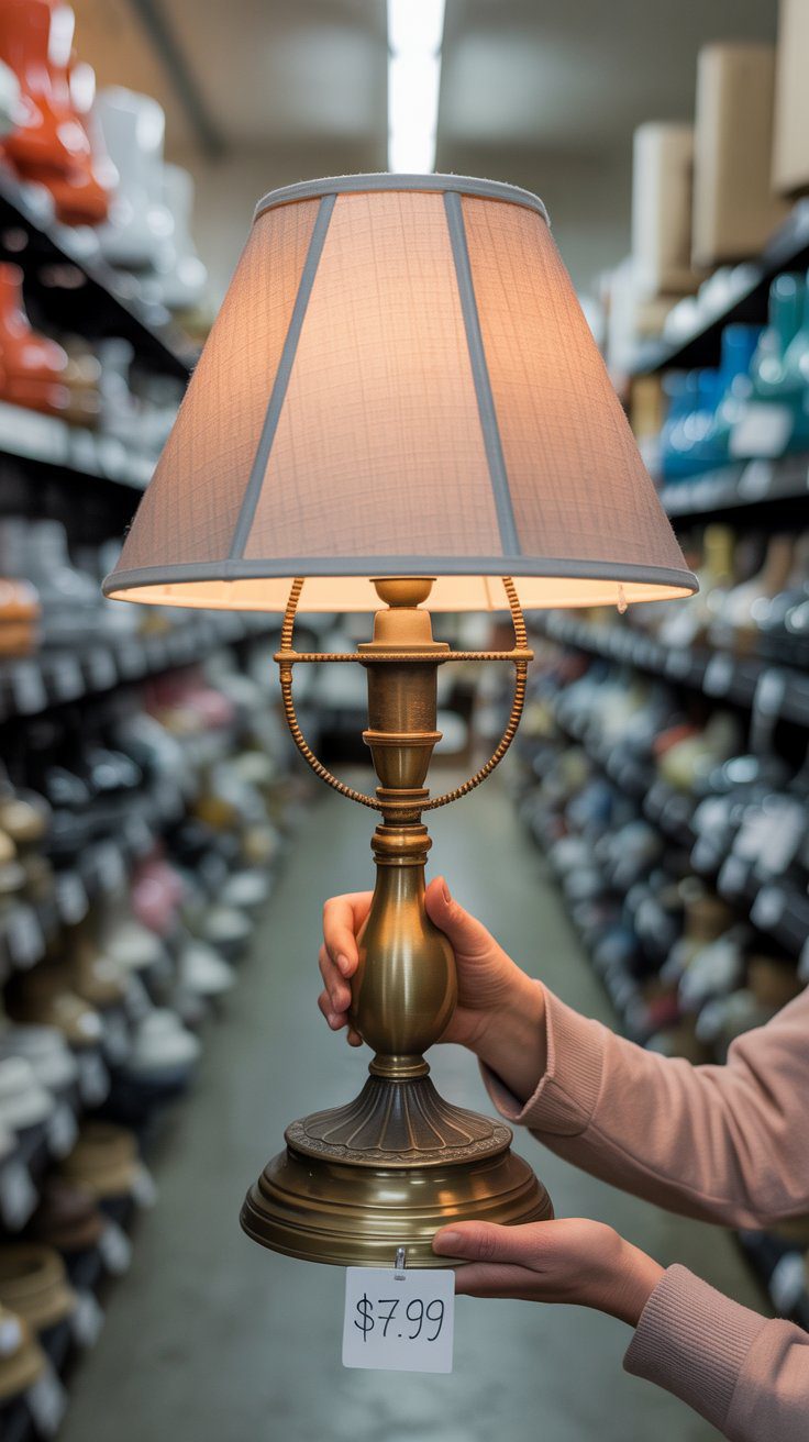 While browsing shoes at a thrift store, a shopper spots a $7.99 lamp with a beige shade—ideal for budget home upgrades.