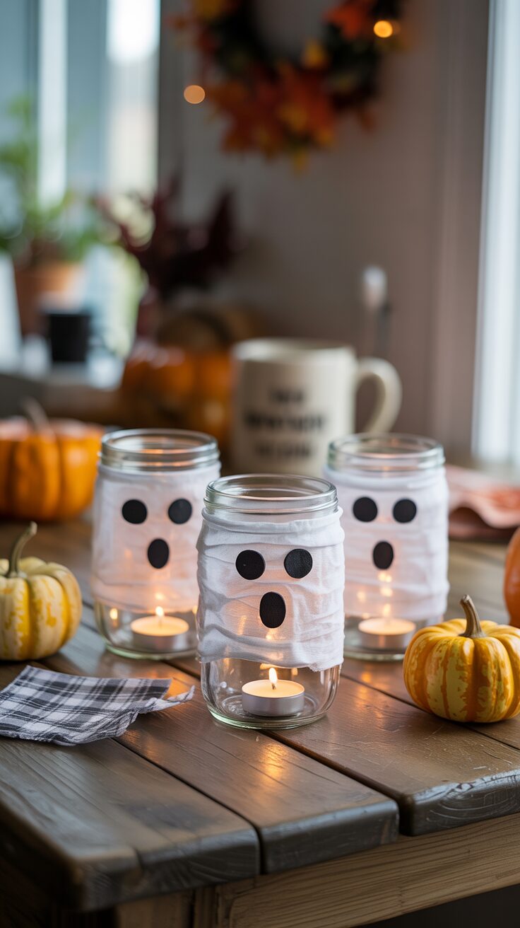 Three glowing mason jar ghosts—draped in white cloth and adorned with black paper faces—light up a cozy Halloween display on a wooden table, surrounded by small pumpkins and festive fall decor.