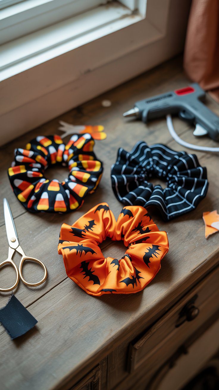 Get inspired for Halloween DIY projects with festive scrunchies—featuring candy corn, spiderwebs, and bats—alongside craft essentials like gold scissors and a hot glue gun, all set on a cozy tabletop workspace.