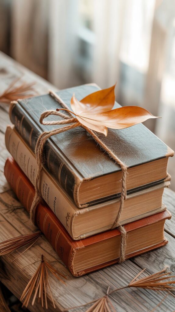 Cozy Autumn Decor Inspiration: Vintage Books and Rustic Table Setting with Leaves and Pine Needles for Seasonal Home Styling.