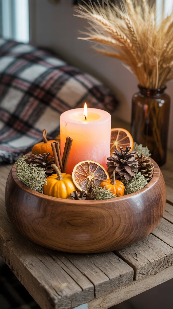 This autumn-inspired centerpiece features a thrifted wooden bowl filled with a glowing candle, mini pumpkins, pinecones, dried oranges, moss, and cinnamon sticks. Set atop a rustic table with a cozy plaid blanket and wheat stalks, it’s the perfect DIY project for capturing the warmth and charm of fall.