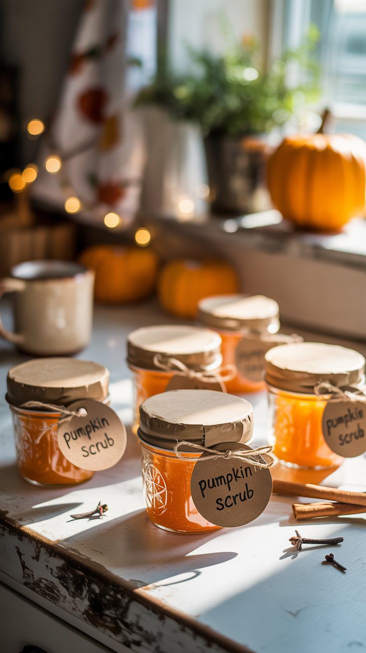 Homemade pumpkin scrub jars, accented by cinnamon sticks and autumn decorations, offer a festive and inviting DIY craft—perfect for adding a touch of seasonal charm to your Halloween celebrations.