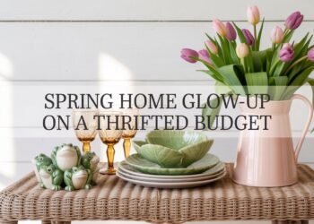 A vibrant spring tablescape comes to life with thrifted treasures—green ceramic plates, vintage glassware, playful frog figurines, and tulips in a pink pitcher—proving you can refresh your home with charm and style on a budget.