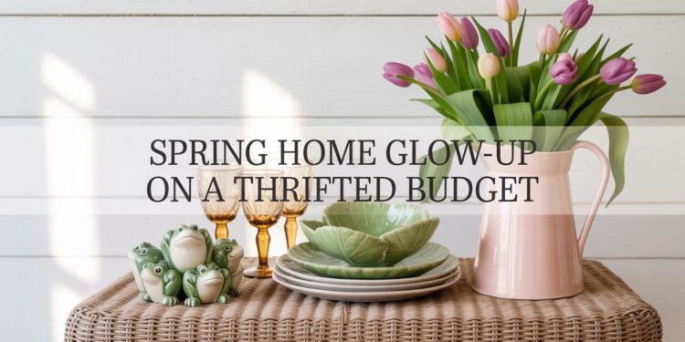 A vibrant spring tablescape comes to life with thrifted treasures—green ceramic plates, vintage glassware, playful frog figurines, and tulips in a pink pitcher—proving you can refresh your home with charm and style on a budget.