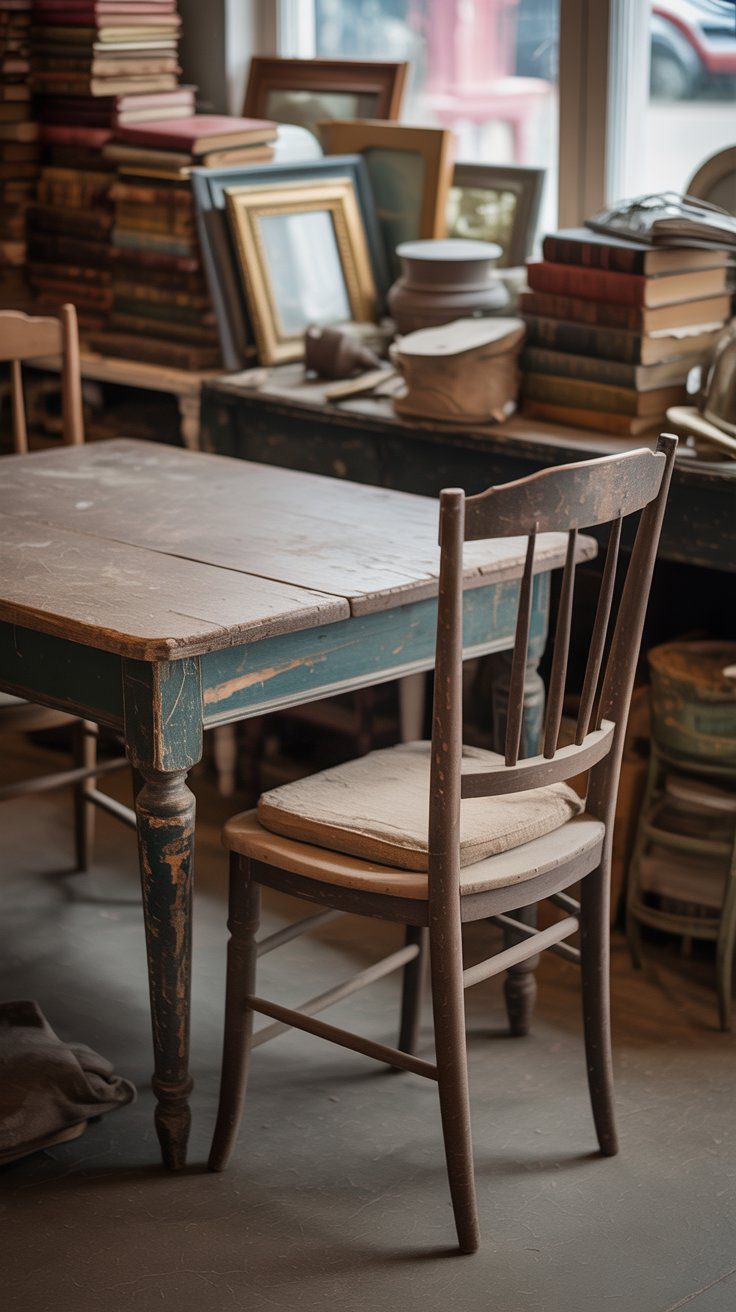 Discover charming vintage decor: a weathered thrift store table surrounded by books, art, pottery, and eclectic antiques.