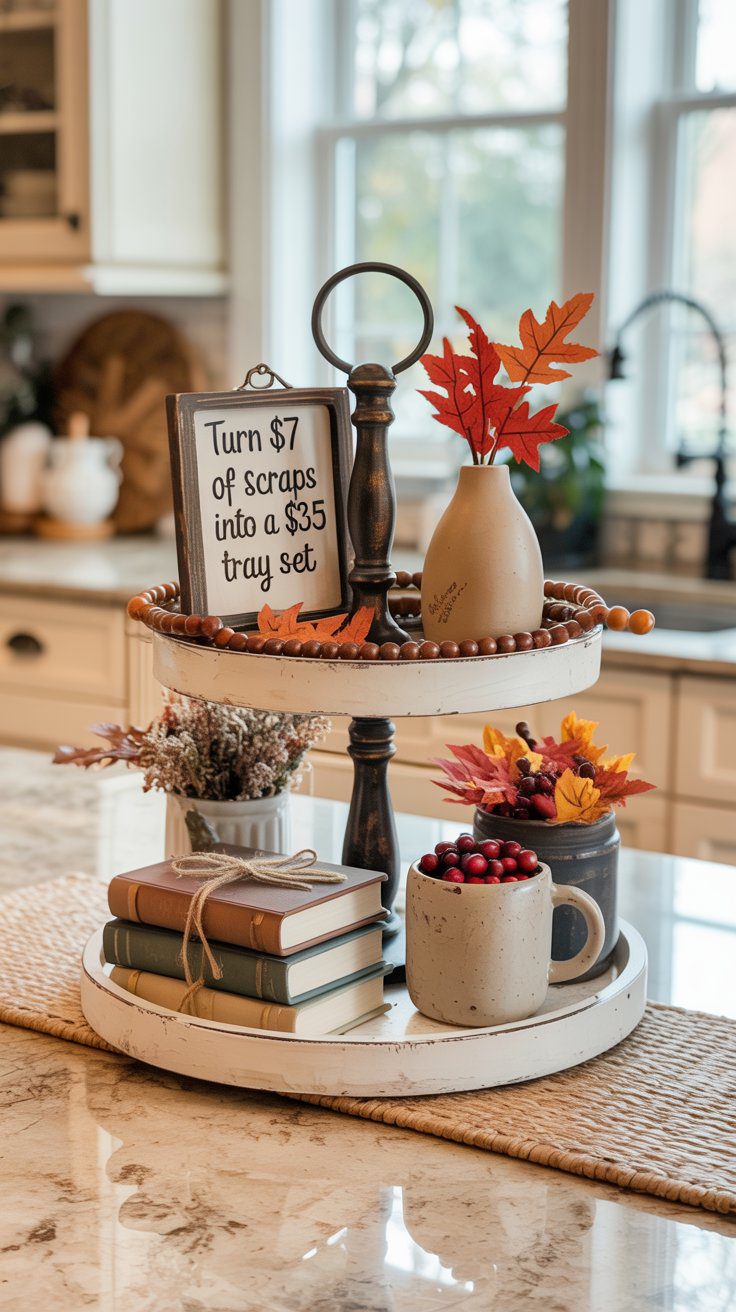 Tiny items, big profits. Tiered tray decor is one of the highest-performing fall craft categories because buyers don’t want to piece it together themselves. They want a full, styled look in one bundle. Think mini pumpkins, signs, faux books, wooden beads, and garlands — all coordinating in size and color theme.