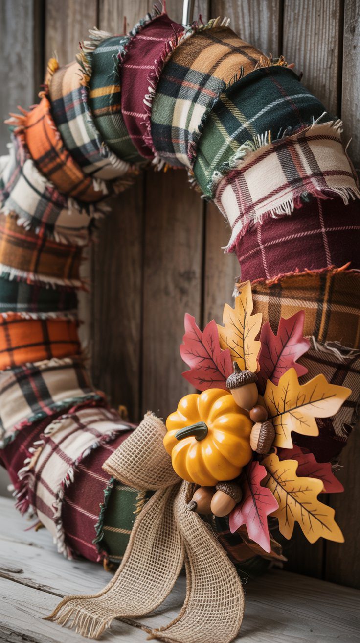 A plaid-wrapped wreath with a yellow pumpkin, autumn leaves, acorns, and burlap bow displayed on rustic wood panels.