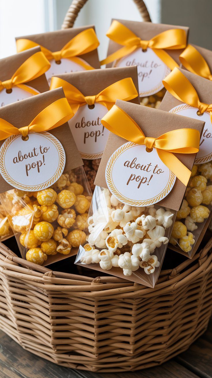 DIY Baby Shower Popcorn Favors in Wicker Basket with Cute About to Pop Tags – Caramel & Plain Snack Idea for Parties.