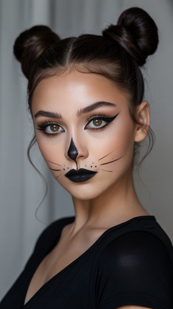 Easy DIY Cat Makeup Look with Double Buns Hairstyle – Halloween Costume Tutorial for Women.