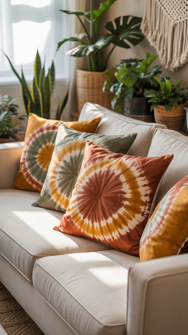 Cozy Earthy Living Room Decor Ideas: Beige Sofa, Tie-Dye Pillows, and Greenery for a Sunlit Boho Home.