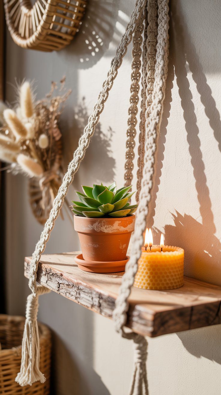 Boho Home Decor Ideas: DIY Wooden Hanging Shelf with Succulent, Candle & Dried Flower Wall Accents for Cozy Sunlit Rooms.