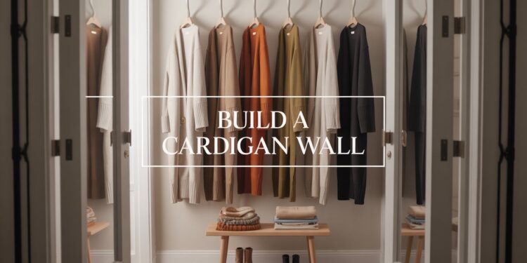How to Organize a Stylish Cardigan Wall: Neutral Closet Organization Ideas for Chic Sweater Storage and Home Decor.