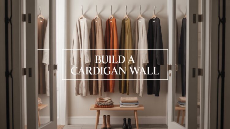 How to Organize a Stylish Cardigan Wall: Neutral Closet Organization Ideas for Chic Sweater Storage and Home Decor.