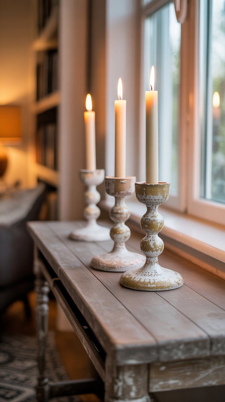 Rustic Candle Decor Ideas: Cozy Wooden Table Display with Ornate Holders for Warm, Inviting Home Ambiance.