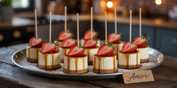 Mini Cheesecake Bites with Caramel and Strawberries—Romantic Dessert Platter Idea for Valentine’s Day, Date Night, or Parties.