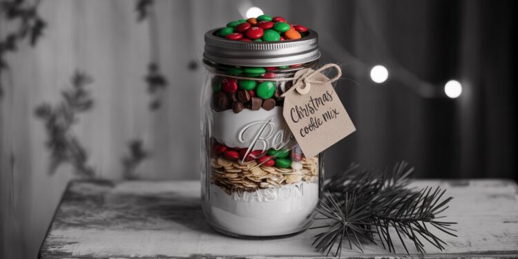 DIY Christmas Cookie Mix Gift in a Jar with Festive Candies – Easy Holiday Mason Jar Baking Gift Idea for Christmas Gifting.