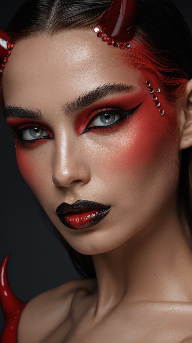 Devil Horn Halloween Makeup Look: Bold Red & Black Cosmetics, Rhinestones, and Dark Lips for Dramatic Costume Inspiration.